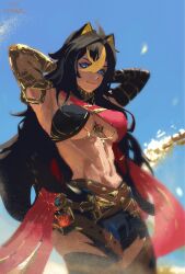 Rule 34 | 1girl, alternate costume, armpits, arms behind head, arms up, artist logo, artist name, black hair, blonde hair, blue eyes, blue sky, breasts, cfkaze, closed mouth, cowboy shot, criss-cross halter, crossed bangs, crossed belts, day, dehya (genshin impact), detached sleeves, embers, genshin impact, gold choker, hair between eyes, hair ears, halterneck, highres, jewelry, large breasts, long hair, looking at viewer, multicolored hair, multiple thigh straps, navel, outdoors, pants, pyro symbol (genshin impact), revealing clothes, sand, sky, slit pupils, smile, solo, stomach, sweat, tan, toned, toned female, torn clothes, torn pants, two-tone hair, underboob, very long hair, vision (genshin impact)