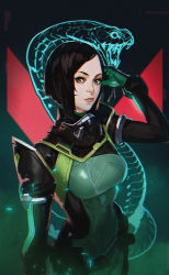 Rule 34 | 1girl, black gloves, black hair, bodysuit, breasts, gloves, glowing, green background, green bodysuit, green eyes, hand on own head, highres, looking at viewer, medium breasts, passimo, short hair, snake, solo, valorant, viper (valorant)