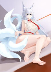 Rule 34 | 1girl, absurdres, animal ear fluff, animal ears, apron, azur lane, barefoot, blue eyes, breasts, closed mouth, commentary request, feet, foreshortening, fox ears, fox girl, fox tail, full body, grey hair, highres, indoors, large breasts, long hair, looking at viewer, multiple tails, naked apron, necktie, reclining, red necktie, shinano (azur lane), soles, solo, suo bu ye feng, tail, thighs, toes, white apron