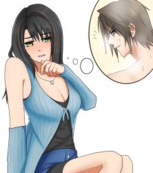 Rule 34 | 172634mai, 1boy, 1girl, arm warmers, black hair, blue eyes, breasts, brown hair, cleavage, final fantasy, final fantasy viii, highres, jewelry, long hair, necklace, open mouth, rinoa heartilly, simple background, skirt, sleeveless duster, squall leonhart, white background