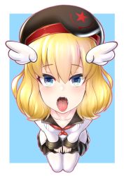 Rule 34 | ash arms, bad id, bad pixiv id, beret, blonde hair, blue eyes, blush, breasts, c-clock, commentary request, foreshortening, hair ornament, hat, head wings, highres, looking at viewer, medium hair, open mouth, outside border, pantyhose, saliva, school uniform, simple background, sitting, small breasts, solo, tongue, tongue out, white pantyhose, wings