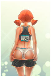Rule 34 | 1girl, absurdres, ass, black shirt, blouse, blurry, bokeh, clothes pull, depth of field, everlasting summer, from behind, highres, leonzo, panties, pulled by self, shirt, short shorts, shorts, shorts pull, singlet, sleeveless, sleeveless shirt, solo, tagme, twintails, underwear, undressing, ussr-tan