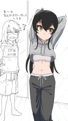 Rule 34 | 2girls, ^^^, absurdres, black hair, black pants, blank eyes, closed mouth, commentary request, crop top, crossed bangs, dot mouth, english text, expressionless, furrowed brow, grey hoodie, highres, hood, hood down, hoodie, idolmaster, idolmaster cinderella girls, inu chikushou, long hair, long sleeves, looking at another, looking to the side, looking up, matoba risa, medium hair, midriff, multiple girls, navel, open mouth, pants, partially colored, print hoodie, shorts, sports bra, standing, stretching, surprised, sweat, sweatpants, translation request, wooden floor, yellow eyes, yuuki haru