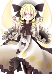 Rule 34 | 1girl, absurdres, black ribbon, blonde hair, blush, crescent, dress, drill hair, fairy, fairy wings, full moon, highres, looking at viewer, luna child, moon, noci (fumei no kuni), one eye closed, red eyes, ribbon, smile, solo, touhou, white dress, white headwear, wings, yellow wings