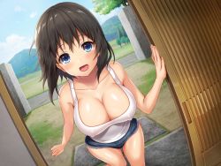 Rule 34 | 1girl, azuki yui, bare arms, bare legs, black hair, blue eyes, blush, breasts, cleavage, covered erect nipples, day, floating hair, grass, happy, highres, kyonyuu inaka musume to sugosu ecchi na natsuyasumi, large breasts, legs, looking at viewer, medium hair, mountain, open mouth, outdoors, shirt, short shorts, shorts, sky, sleeveless, smile, solo, standing, thighs, tree, white shirt, wind