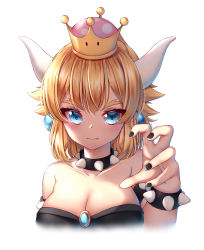 Rule 34 | 1girl, absurdres, bad id, bad pixiv id, bare shoulders, black nails, blonde hair, blue eyes, bowsette, bracelet, breasts, cleavage, closed mouth, collar, collarbone, crown, earrings, fang, fingernails, hand up, highres, horns, jewelry, large breasts, looking at viewer, mario (series), nail polish, new super mario bros. u deluxe, nintendo, short hair, simple background, solo, spiked bracelet, spiked collar, spikes, super crown, thick eyebrows, upper body, wakkuchin20, white background