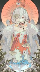 Rule 34 | 1girl, absurdres, albino, bug, caoeket, choker, colalrbone, detached sleeves, dress, halo, head chain, heart, heart hands, highres, insect, jewelry, looking at viewer, medium hair, moth, original, plant, red eyes, solo, white haur, yo4zai