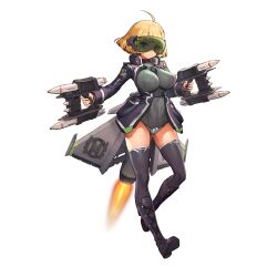 Rule 34 | 1girl, ahoge, between breasts, black footwear, black jacket, black thighhighs, blonde hair, blue eyes, boots, breasts, chest harness, closed mouth, cross-laced footwear, crotch plate, eyes visible through eyewear, flying, full body, game cg, gluteal fold, goggles, green leotard, griffon (last origin), harness, headphones, headphones around neck, highres, holding, holding rocket launcher, holding weapon, jacket, kakiman, knee boots, large breasts, last origin, leotard, looking at viewer, mechanical parts, official alternate color, official art, open clothes, open jacket, pocket, ribbed leotard, rocket launcher, screen, short hair, solo, tachi-e, thighhighs, third-party source, v-shaped eyebrows, weapon