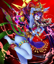 Rule 34 | 1girl, anklet, armpits, bad id, bad pixiv id, barefoot, blue skin, breasts, cleavage, colored skin, hair ornament, jewelry, long hair, lots of jewelry, necklace, open mouth, original, purple hair, red eyes, sideboob, skull, solo, sword, third eye, toi (4089597), weapon