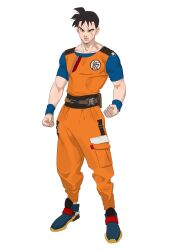 Rule 34 | 1boy, adapted costume, belt, black hair, blue footwear, blue shirt, clenched hands, commentary, dragon ball, dragonball z, english commentary, full body, highres, jumpsuit, looking at viewer, male focus, orange jumpsuit, pocket, rye d0, scar, scar across eye, shirt, shoes, short hair, short sleeves, simple background, solo, son gohan, son gohan (future), standing, white background, wristband, zipper