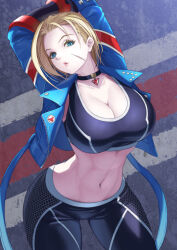 Rule 34 | 1girl, blonde hair, breasts, cammy white, capcom, cleavage, green eyes, jacket, large breasts, looking at viewer, navel, scar, skin tight, street fighter, street fighter 6