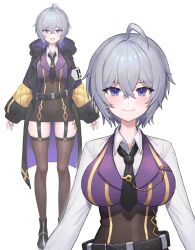 Rule 34 | 1girl, absurdres, ahoge, belt, black necktie, blue eyes, blush, boots, breasts, character request, closed mouth, copyright request, garter straps, grey hair, hair between eyes, highres, jacket, large breasts, lerome, multiple views, necktie, official art, open clothes, open jacket, open mouth, original, short hair, skindentation, thighhighs, virtual youtuber