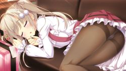 Rule 34 | 1girl, :o, ameto yuki, ass, black pantyhose, blush, breasts, brown hair, cameltoe, couch, closed eyes, game cg, grey hair, hair ornament, highres, lying, on side, open mouth, panties, panties under pantyhose, pantyhose, pure x connect, shinozaki ayumi (pure x connect), solo, suitcase, thighband pantyhose, twintails, underwear, wallpaper, white panties