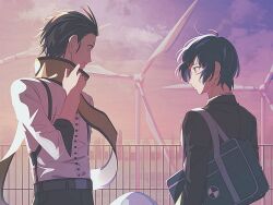 Rule 34 | 2boys, bag, belt, black hair, black jacket, black pants, blue bag, blue hair, brown belt, closed mouth, cloud, elulit2, expressionless, eye contact, fence, from side, gekkoukan high school uniform, gradient sky, hair slicked back, highres, jacket, long sleeves, looking at another, male focus, mochizuki ryouji, multiple boys, ocean, outdoors, pants, parted lips, persona, persona 3, pink sky, profile, purple sky, scarf, school bag, school uniform, shirt, short hair, shoulder bag, sky, smile, sunset, suspenders, upper body, water, white shirt, windmill, yellow scarf, yuuki makoto (persona 3)