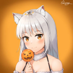 Rule 34 | 1girl, animal ear fluff, animal ears, bare shoulders, blush, brown eyes, cat ears, commentary, face, fur collar, fur trim, halloween, highres, holding, long hair, looking at viewer, orange background, original, pumpkin print, qoray7, simple background, smile, solo, white hair