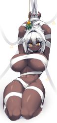 Rule 34 | 1girl, :&lt;, arms up, bandages, bound, bound wrists, breasts, commentary request, dark-skinned female, dark skin, full body, glasses, hair between eyes, highres, huge breasts, looking at viewer, mistletoe, multicolored eyes, naked bandage, navel, original, simple background, sitting, solo, sub-res, white background, white hair, yellow eyes