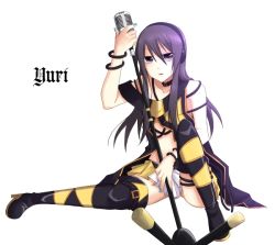 Rule 34 | 00s, 1boy, boots, cosplay, crossdressing, english text, flapper shirt, headphones, image sample, karasu (karakuro-roros), lily (cosplay), lily (vocaloid), long hair, male focus, microphone, nail polish, off shoulder, open mouth, patterned legwear, pixiv sample, pun, purple eyes, purple hair, resized, shirt, simple background, sitting, solo, tales of (series), tales of vesperia, thighhighs, trap, vocaloid, yuri lowell, zettai ryouiki