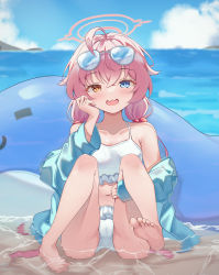 Rule 34 | 1girl, absurdres, ahoge, bare shoulders, barefoot, bikini, blue archive, blue eyes, blue jacket, breasts, day, eyewear on head, fang, feet, frilled bikini, frills, hair between eyes, hair bobbles, hair ornament, halo, heterochromia, highres, hoshino (blue archive), hoshino (swimsuit) (blue archive), inflatable toy, inflatable whale, jacket, long hair, looking at viewer, low twintails, navel, ocean, open mouth, orange eyes, outdoors, pink hair, skin fang, small breasts, smile, soles, solo, summer, sunglasses, swimsuit, toes, twintails, ushimu, white bikini