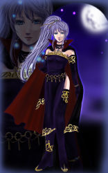 Rule 34 | 1girl, blue eyes, cape, elbow gloves, embroidery, female focus, fire emblem, fire emblem: genealogy of the holy war, gloves, ishtar (fire emblem), light purple hair, long hair, magic, moon, nintendo, outdoors, side ponytail, side slit, skkclub, sky, solo, thighhighs, zoom layer