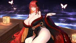 Rule 34 | 1girl, absurdres, bare shoulders, blonde hair, blush, boat, breasts, bug, butterfly, chixiao, flower, fur trim, hair flower, hair ornament, highres, holding, huge breasts, insect, japanese clothes, kimono, long hair, long sleeves, looking at viewer, mole, mole under eye, original, red hair, sash, solo, tassel, thighs, virtual youtuber, water, watercraft, wide sleeves