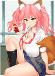 Rule 34 | 1girl, absurdres, animal ear fluff, animal ears, black legwear, breasts, cardigan, cardigan around waist, castell, cleavage, clothes around waist, collarbone, fate/extella, fate/extra, fate/grand order, fate (series), food, food in mouth, fox ears, fox girl, fox tail, highres, jacket, jacket around waist, large breasts, looking at viewer, official alternate costume, open clothes, open shirt, pink hair, pocky, school uniform, smile, solo, sweater, sweater around waist, tail, tamamo (fate), tamamo no mae (fate/extra), tamamo no mae (jk) (fate), unbuttoned, yellow eyes