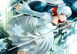 Rule 34 | 1girl, absurdres, blue eyes, copyright name, cropped jacket, dress, earrings, hair ornament, highres, jewelry, left-handed, long hair, necklace, ponytail, rapier, rwby, signature, snowflakes, solo, sword, weapon, weiss schnee, white hair, zen (jirakun)