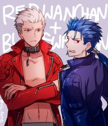 Rule 34 | 10s, 2boys, archer (fate), blue hair, blue jacket, brown eyes, collar, cu chulainn (fate), cu chulainn (fate/stay night), earrings, fate/extra, fate/extra ccc, fate (series), jacket, jewelry, male focus, multiple boys, niu illuminator, official alternate costume, ponytail, red eyes, red jacket, white hair