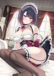 Rule 34 | 1girl, black choker, black corset, black garter straps, black hair, black skirt, bow, breasts, choker, cleavage, clock, clothes lift, collar, commentary request, corset, frilled skirt, frilled thighhighs, frills, garter straps, highres, lamp, large breasts, lifted by self, maid headdress, multicolored hair, no shoes, original, panties, parted lips, pillow, pink eyes, pink panties, pink ribbon, plaid, plaid bow, plant, potted plant, red bow, red curtains, red hair, ribbon, short hair, skirt, skirt lift, solo, streaked hair, thighhighs, tomoo (tomo), underwear, white collar, window