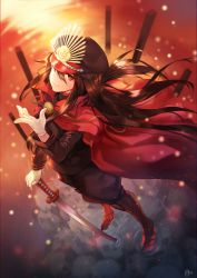 Rule 34 | 1girl, black hair, black hat, cape, crest, family crest, fate/grand order, fate (series), from above, full body, gloves, hat, katana, koha-ace, legs apart, long hair, looking at viewer, looking up, military, military uniform, nagu, oda nobunaga (fate), oda nobunaga (koha-ace), oda uri, peaked cap, red eyes, smile, solo, standing, sunset, sword, uniform, very long hair, weapon, white gloves, wind