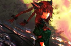 Rule 34 | 1girl, animal ears, ascot, braid, cat ears, fang, gradient background, kaenbyou rin, matching hair/eyes, multiple tails, red eyes, red hair, solo, tail, touhou, twin braids, wind, yutapon