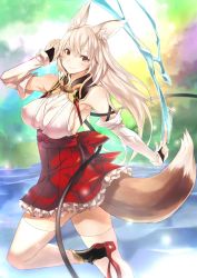 Rule 34 | 1girl, bare shoulders, breasts, bridal gauntlets, brown eyes, colorized, covered erect nipples, elbow gloves, fox tail, gloves, highres, huge breasts, long hair, ofuda, original, ricci, sketch, smile, solo, tail, thighhighs, white hair, white thighhighs