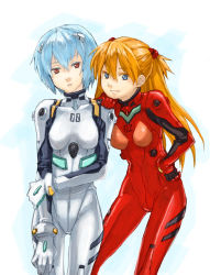 Rule 34 | 2girls, ayanami rei, blue eyes, blue hair, bodysuit, bracer, breasts, colored eyelashes, contrapposto, cowboy shot, expressionless, fukutarou (enji127), gloves, grin, hair between eyes, hair ornament, hand on another&#039;s shoulder, hand on own hip, legs apart, long hair, looking at viewer, multiple girls, neon genesis evangelion, orange hair, parted lips, pilot suit, plugsuit, red eyes, simple background, skinny, small breasts, smile, souryuu asuka langley, standing, turtleneck, two side up