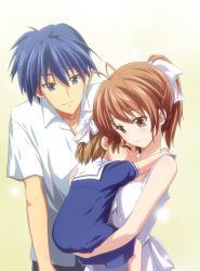 Rule 34 | 00s, 1boy, 2girls, age difference, ardnades, blue eyes, blue hair, brown eyes, brown hair, carrying, child, child carry, clannad, family, father and daughter, furukawa nagisa, highres, husband and wife, mother and daughter, multiple girls, okazaki tomoya, okazaki ushio, ponytail, short hair