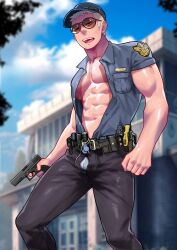Rule 34 | 1boy, abs, bara, belt, black pants, blue sky, blurry, blurry background, branch, building, cloud, collared shirt, covered erect nipples, feet out of frame, gun, hat, highres, holding, holding gun, holding weapon, male focus, maorenc, muscular, muscular male, open clothes, open mouth, open shirt, original, pants, pectoral cleavage, pectorals, police, police uniform, shirt, sky, solo, sunglasses, uniform, weapon, white hair