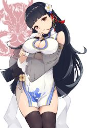 Rule 34 | 1girl, azur lane, bare hips, bare shoulders, black hair, black thighhighs, blunt bangs, blunt ends, breasts, bridal gauntlets, brown eyes, china dress, chinese clothes, cleavage, cleavage cutout, closed mouth, clothing cutout, commentary request, covered navel, detached sleeves, dragon empery (emblem), dress, frilled sleeves, frills, frown, furrowed brow, gold trim, hands up, head tilt, high collar, highres, hoshimiya mashiro, large breasts, legs together, long hair, long sleeves, looking at viewer, microdress, panties, see-through, see-through silhouette, see-through sleeves, side-tie panties, side slit, skin tight, skindentation, solo, tassel, thighhighs, underwear, very long hair, white dress, white panties, wide sleeves, yat sen (azur lane)