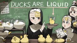 Rule 34 | &gt; &lt;, 3girls, :o, ^ ^, aquarium, bandaid, bandaid on head, beak, bendy straw, bird, blonde hair, blue eyes, bowl, brown eyes, brown hair, chalkboard, chicken, clipboard, closed eyes, clumsy nun (diva), commentary, cowering, cup, diva (hyxpk), drinking glass, drinking straw, duck, duckling, english commentary, english text, eyewear on head, fishbowl, froggy nun (diva), habit, highres, holding, holding clipboard, holding cup, holding pencil, holding tray, in container, in cup, little nuns (diva), looking at viewer, multiple girls, nose bubble, note, nun, ostrich, out of frame, pencil, pointing, pointing to the side, reflection, scared, serving cart, sleeping, smile, spicy nun (diva), steam, surprised, teacup, traditional nun, tray, u u, wooden tray, yellow eyes