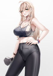 Rule 34 | 1girl, absurdres, bare shoulders, blonde hair, blush, bracelet, breasts, cleavage, collarbone, covered navel, dumbbell, earrings, feet out of frame, green eyes, hand on own hip, highres, holding, jewelry, large breasts, leggings, long hair, looking at viewer, lubikaya, missouri (warship girls r), open mouth, solo, sports bra, sportswear, standing, star (symbol), star earrings, warship girls r, white background