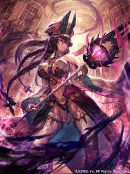 10s 1girl boots braid breasts brown_hair character_request contrapposto gluteal_fold hat huge_breasts indoors lack long_hair looking_at_viewer magic purple_eyes seisen_cerberus staff standing thigh_boots thighhighs very_long_hair