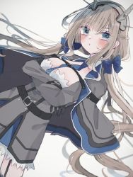 Rule 34 | 1girl, black gloves, blue bow, blue bowtie, blue eyes, blue necktie, bow, bowtie, breasts, capelet, cleavage, cowboy shot, crossed arms, detached collar, detached sleeves, dress, garter straps, gloves, grey capelet, grey dress, grey hair, headgear, kantai collection, large breasts, long hair, looking at viewer, low twintails, maryland (kancolle), nazu (nazuunne), necktie, radio antenna, shirt, simple background, solo, twintails, white background, white shirt