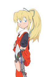 Rule 34 | 1girl, android, black shirt, blonde hair, blue eyes, cable, green ribbon, joints, maintenance, mecha musume, mechanical parts, mega man (classic), ponytail, red skirt, ribbon, robot, robot joints, roll (mega man), shirt, simple background, skirt, temorinki, white background, wire