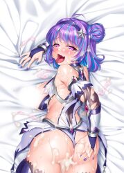 Rule 34 | 1girl, adapted costume, aftersex, arm support, ass, ass focus, ass grab, bare shoulders, blush, breasts, cameltoe, censored, cleavage, cleavage cutout, clothing cutout, covered erect nipples, cum, cum in pussy, curvy, dakimakura (medium), double bun, earrings, female focus, fingerless gloves, gloves, grabbing another&#039;s ass, hair bun, hair ornament, happy, happy sex, highleg, highleg leotard, highres, holding, holding phone, huge ass, jewelry, large breasts, leotard, lilith-soft, looking at viewer, looking back, lying, medium hair, multicolored hair, nail polish, naughty face, navel cutout, open mouth, phone, purple hair, revealing clothes, saijou satoru, saliva, saliva trail, sex, shiny clothes, shiny skin, simple background, skin tight, skindentation, smile, solo, star-shaped pupils, star (symbol), symbol-shaped pupils, taimanin (series), taimanin rpgx, taimanin suit, thighhighs, thong leotard, tongue, tongue out, two-tone hair, white background, white leotard, wide hips, yatsushiro momoka