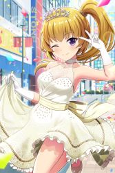 Rule 34 | 1girl, alternative girls, bare shoulders, blonde hair, building, city, closed mouth, confetti, crown hair ornament, dress, gloves, highres, looking at viewer, mizushima airi, official art, one eye closed, outdoors, purple eyes, road, side ponytail, smile, solo, street, v, wedding dress, white gloves, yellow dress