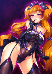 Rule 34 | 1girl, amanogawa kirara, areola slip, aura, black gloves, black thighhighs, blunt bangs, blush, bodysuit, breasts, cameltoe, chain, cleft of venus, clothing cutout, contrapposto, corruption, covered erect nipples, cowboy shot, cuffs, cure twinkle, dark persona, detached collar, dutch angle, earrings, elbow gloves, facial tattoo, finger to mouth, garter straps, glint, gloves, glowing, go! princess precure, grin, hair ornament, half-closed eyes, heart, heart tattoo, highleg, highleg leotard, highres, hip focus, impossible clothes, impossible leotard, jewelry, large breasts, leotard, long hair, looking at viewer, low-tied long hair, magical girl, microskirt, multicolored hair, naughty face, navel, navel cutout, orange hair, pink eyes, pink hair, pleated skirt, precure, pubic tattoo, pussy juice, quad tails, sagging breasts, satou kuuki, see-through, shiny clothes, showgirl skirt, skirt, smile, solo, standing, strapless, strapless leotard, tattoo, thighhighs, two-tone hair, very long hair, wet