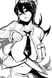Rule 34 | 1girl, blush, breasts, breasts out, filia (skullgirls), greyscale, highres, large breasts, monochrome, necktie, nipples, one breast out, open clothes, open shirt, ryuji (red-truth), samson (skullgirls), sketch, skullgirls, solo, sweat, tongue, tongue out