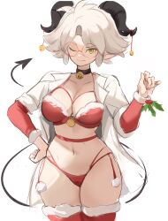 Rule 34 | 1girl, bad id, bad twitter id, bell, between breasts, bikini, black choker, blonde hair, breasts, chest strap, choker, christmas, coat, collarbone, curled horns, demon tail, elbow gloves, glasses, gloves, goat horns, highres, holding, holding mistletoe, horns, lab coat, large breasts, looking at viewer, mistletoe, navel, neck bell, one eye closed, open clothes, open coat, original, rakeemspoon, red bikini, red thighhighs, rimless eyewear, santa bikini, short hair, simple background, solo, strap, susan (rakeemspoon), swimsuit, tail, thighhighs, upper body, white background, yellow eyes
