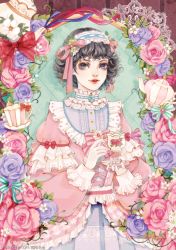 Rule 34 | 1girl, black hair, blue eyes, bow, cup, dress, flower, frilled dress, frilled sleeves, frills, hair ornament, hair ribbon, looking at viewer, nail polish, original, parted lips, pink dress, pink nails, pink ribbon, puffy sleeves, red bow, ribbon, short hair, solo, standing, streamers, striped, striped bow, teacup, teapot, watermark, web address, yelanxiaomi