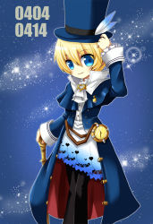 Rule 34 | 1boy, belt, blonde hair, blue background, blue eyes, coat, company connection, cosplay, ascot, flynn scifo, frederic chopin, frederic chopin (cosplay), hat, male focus, mojakko, namco, pants, smile, solo, sparkle, tales of (series), tales of vesperia, top hat, trusty bell