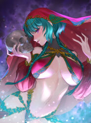 Rule 34 | 1girl, absurdres, bare shoulders, bikini, blush, braid, breasts, detached sleeves, fate/grand order, fate (series), green hair, halterneck, highleg, highleg bikini, highres, large breasts, long sleeves, looking at viewer, navel, parted bangs, puffy long sleeves, puffy sleeves, purple eyes, red bikini, revealing clothes, ri-ko, salome (fate), sarong, short hair with long locks, sidelocks, skull, smile, solo, swimsuit, twin braids, underboob