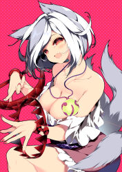 Rule 34 | 1girl, absurdres, animal ears, bear trap, blush, breasts, cleavage, collarbone, dog ears, dog tail, fang, fingernails, frilled skirt, frills, grey hair, highres, large breasts, mitsugashira enoko, multiple tails, nail polish, open mouth, pink skirt, polka dot, polka dot background, purple shirt, red background, red eyes, red nails, sakurame, shirt, short hair, skirt, smile, solo, tail, touhou