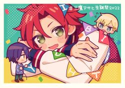 Rule 34 | 3boys, 5.5, :d, blonde hair, blue eyes, blue hair, border, commentary request, confetti, crossed arms, fang, flying sweatdrops, green eyes, hair between eyes, head rest, idol time pripara, jacket, leaning forward, letterman jacket, long sleeves, looking at viewer, male focus, mini person, miniboy, mitaka asahi, multiple boys, open mouth, pretty series, pripara, red hair, short hair, skin fang, smile, standing, string of flags, table, takase koyoi, upper body, white border, yellow eyes, yumekawa shogo